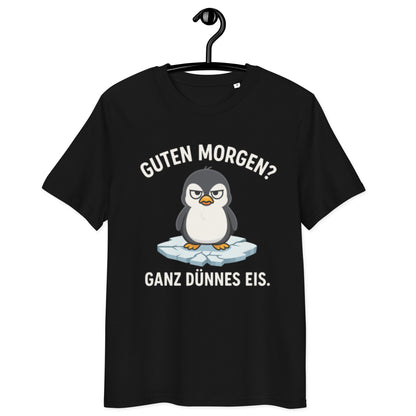 schwarzes T-Shirt mit Spruch guten morgen ganz dünnes eis, grantiger Pinguin auf Eisscholle als Grafikmotiv
