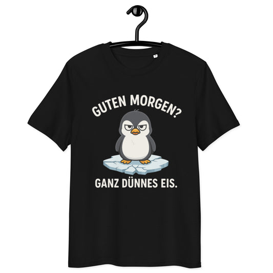 schwarzes T-Shirt mit Spruch guten morgen ganz dünnes eis, grantiger Pinguin auf Eisscholle als Grafikmotiv
