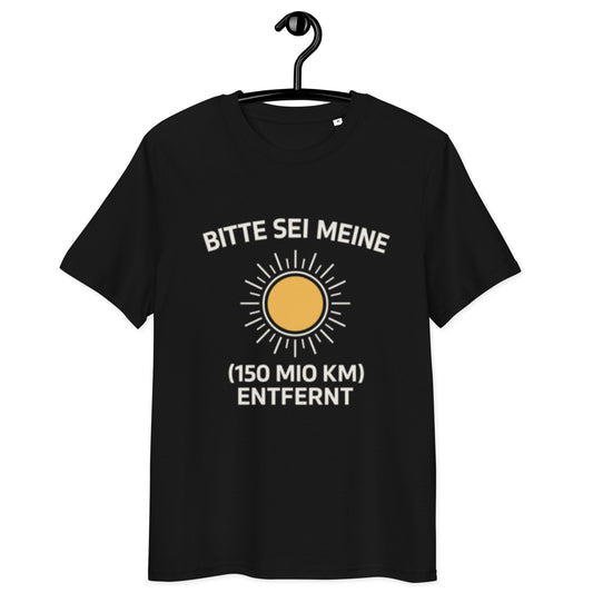 schwarzes T-Shirt mit Spruch bitte sei meine 150 mio km entfernt, stilisierte gelbe Sonne als Grafikmotiv
