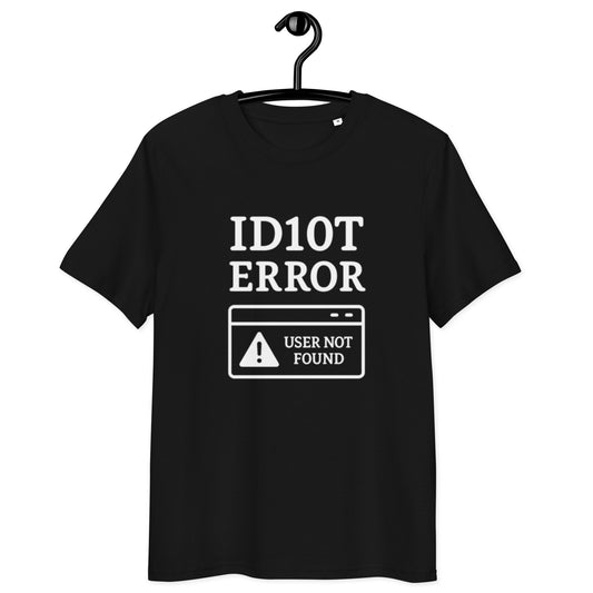 schwarzes T-Shirt mit Aufdruck ID10T error user not found, weißes Warnsymbol in stilisiertem Fenster
