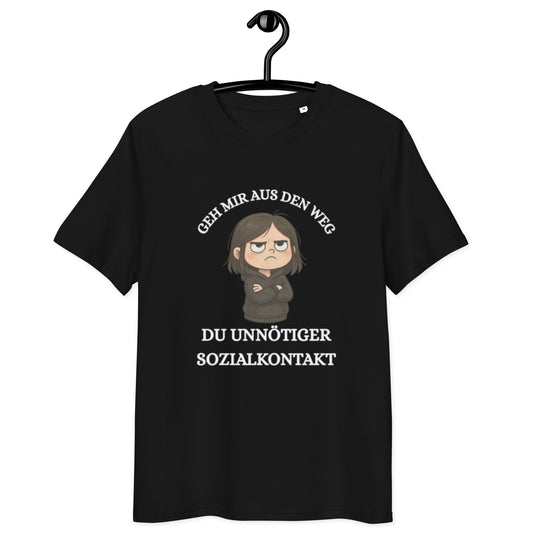 schwarzes T-Shirt mit Aufdruck geh mir aus den weg du unnötiger sozialkontakt, genervte Cartoonfigur mit verschränkten Armen
