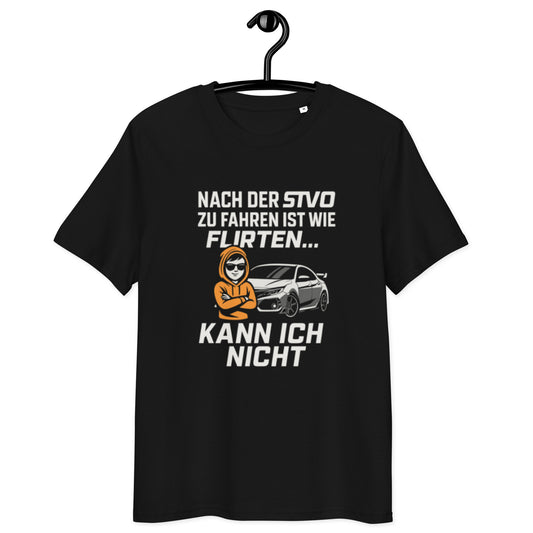 schwarzes T-Shirt mit Aufdruck nach der stvo zu fahren ist wie flirten kann ich nicht, Auto und Figur mit Sonnenbrille
