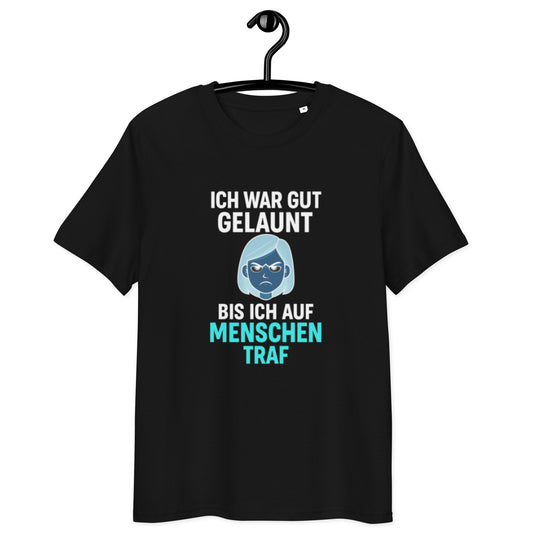 schwarzes T-Shirt mit Spruch ich war gut gelaunt bis ich auf menschen traf, blaue genervte Emoji-Figur in der Mitte
