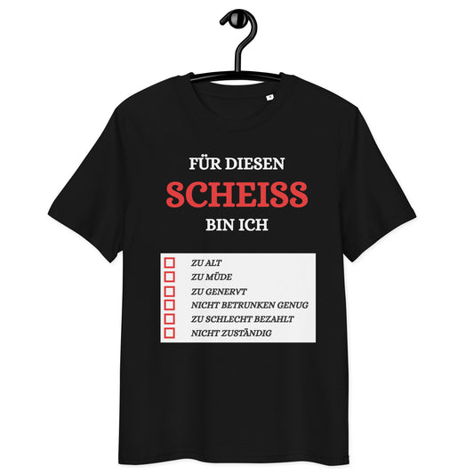 schwarzes T-Shirt mit Aufdruck für diesen scheiss bin ich in Weiß und Rot, darunter Checkliste mit sechs ironischen Aussagen
