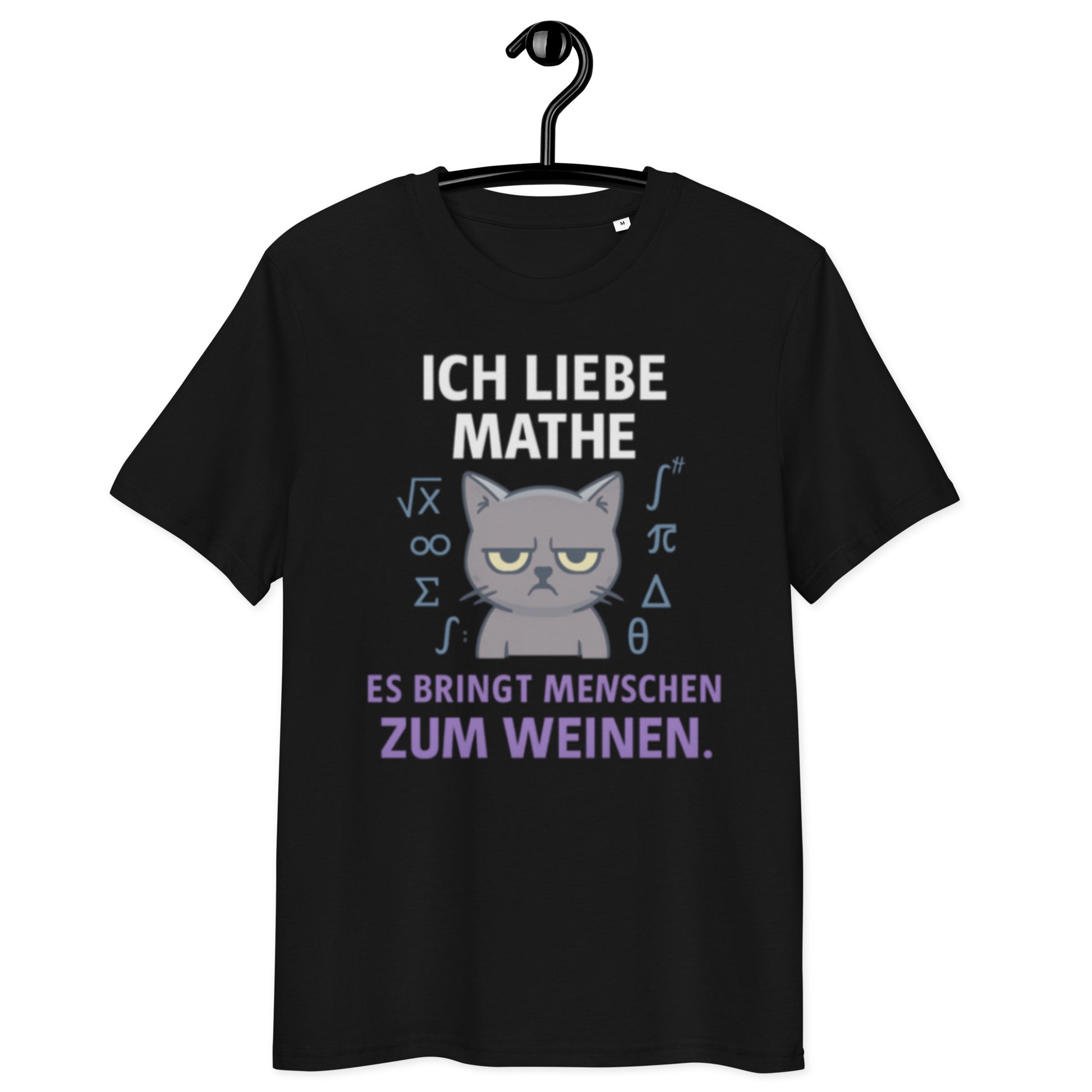 schwarzes T-Shirt mit Spruch ich liebe mathe es bringt menschen zum weinen, grummelige graue Katze, Mathe-Symbole in blau
