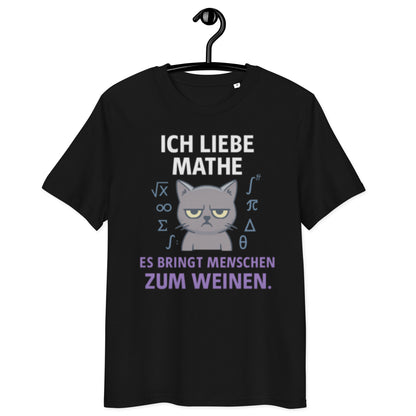 schwarzes T-Shirt mit Spruch ich liebe mathe es bringt menschen zum weinen, grummelige graue Katze, Mathe-Symbole in blau
