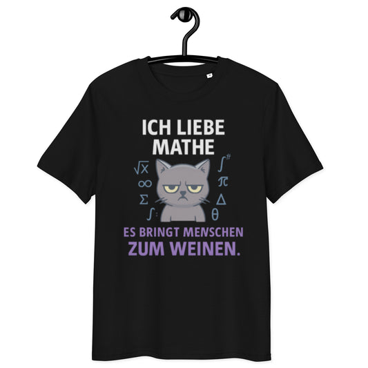 schwarzes T-Shirt mit Spruch ich liebe mathe es bringt menschen zum weinen, grummelige graue Katze, Mathe-Symbole in blau
