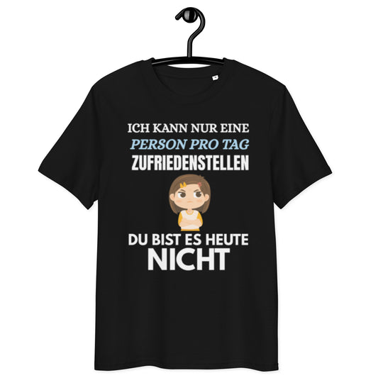 schwarzes T-Shirt mit Spruch ich kann nur eine person pro tag zufriedenstellen du bist es heute nicht, Comic-Mädchen mit genervtem Blick
