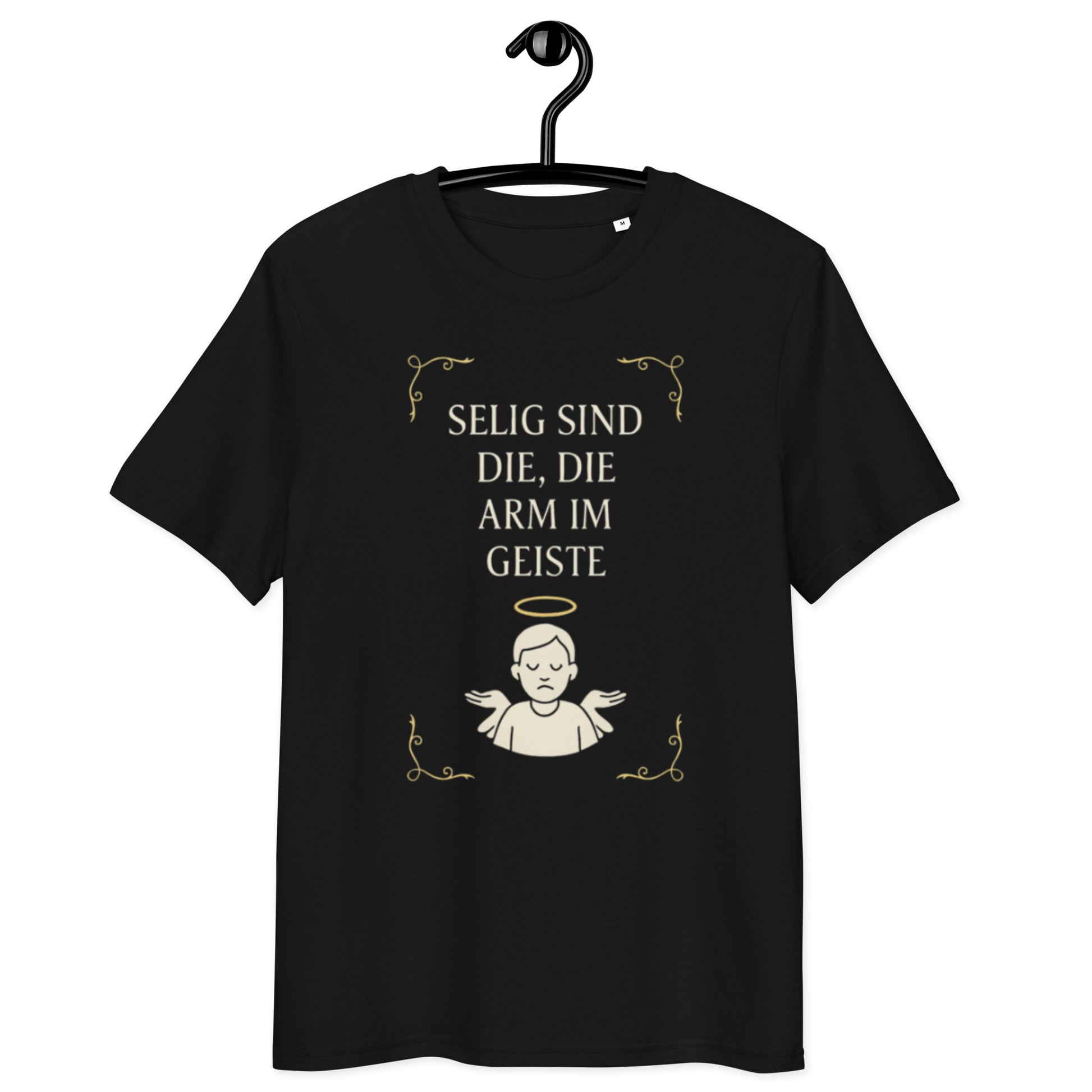 schwarzes T-Shirt mit Text selig sind die die arm im Geiste in beige, Engelszeichnung mit Heiligenschein darunter

