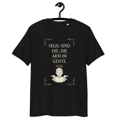 schwarzes T-Shirt mit Text selig sind die die arm im Geiste in beige, Engelszeichnung mit Heiligenschein darunter
