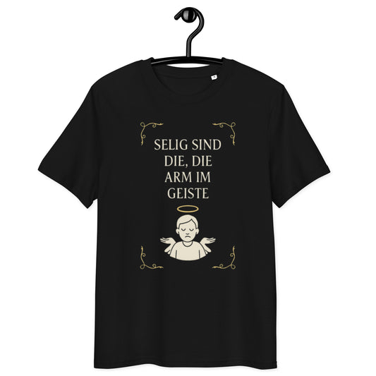 schwarzes T-Shirt mit Text selig sind die die arm im Geiste in beige, Engelszeichnung mit Heiligenschein darunter
