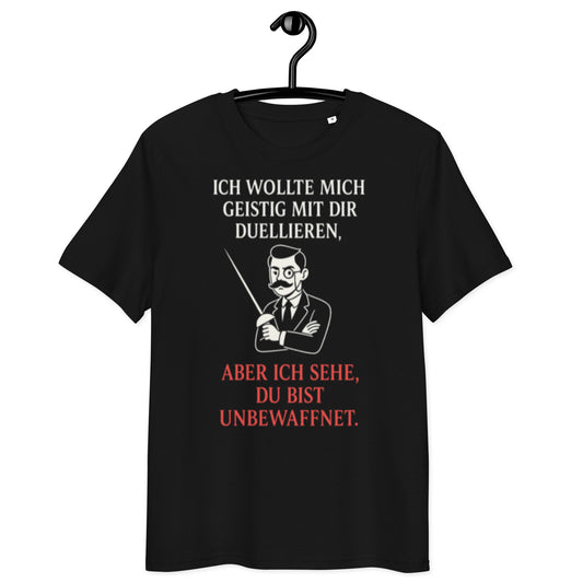 schwarzes T-Shirt mit Text ich wollte mich geistig mit dir duellieren aber ich sehe du bist unbewaffnet in weiß und rot, Illustration eines Mannes mit Anzug und Zeigestab
