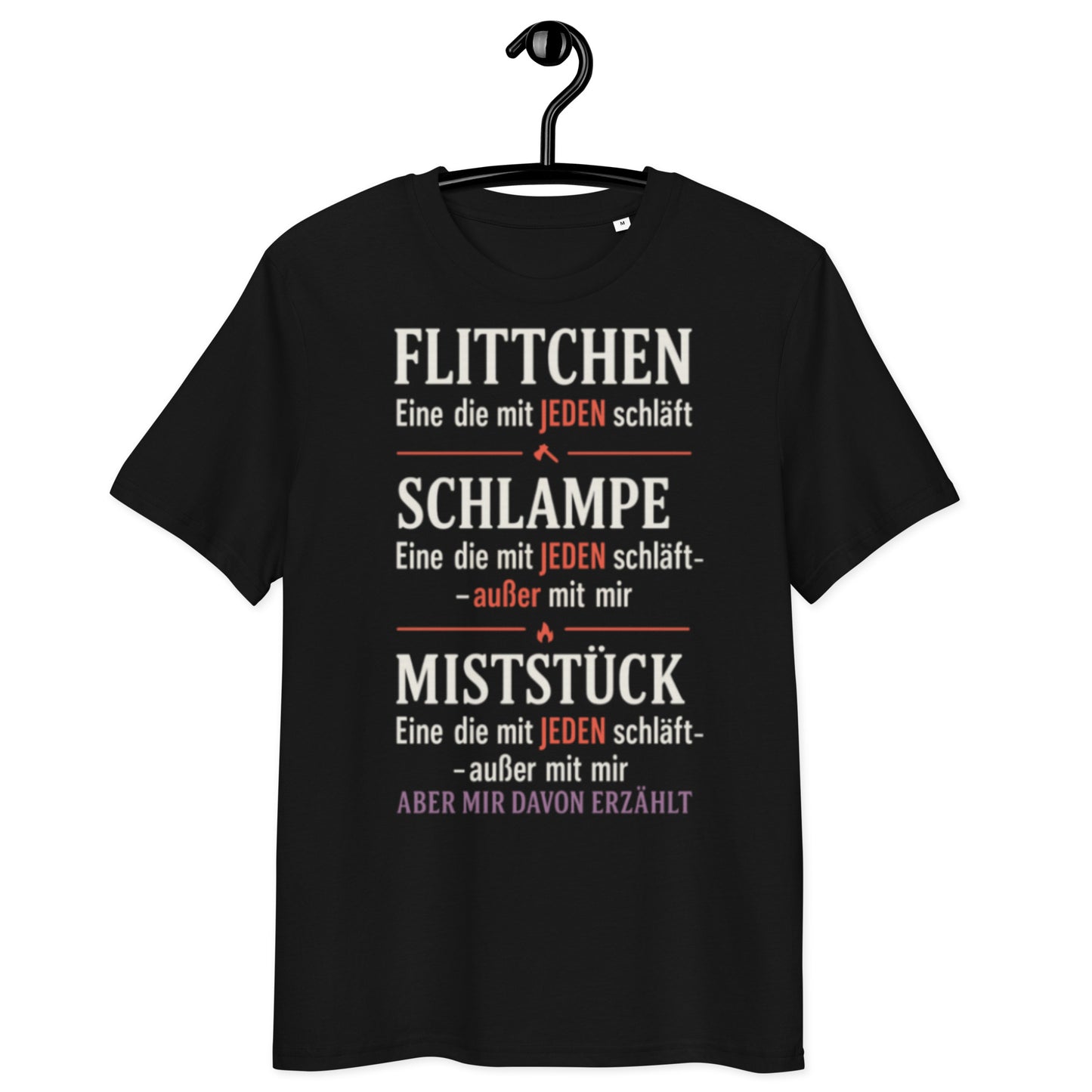 schwarzes T-Shirt mit Text flittchen schlampe miststück und ironischen Definitionen in weiß rot und violett
