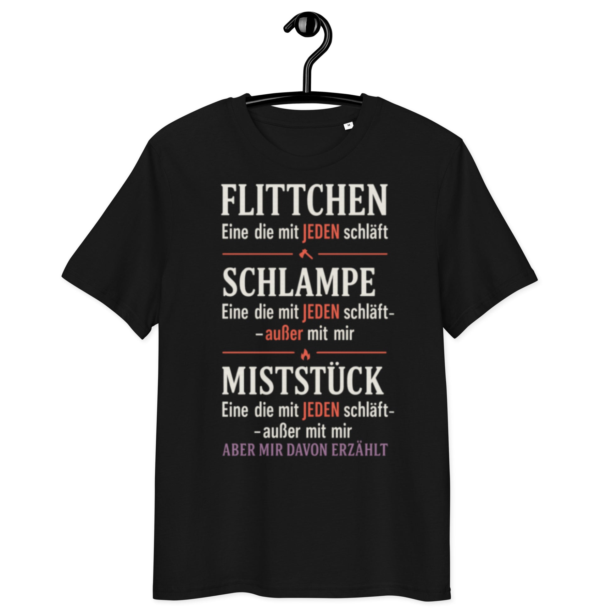 schwarzes T-Shirt mit Text flittchen schlampe miststück und ironischen Definitionen in weiß rot und violett
