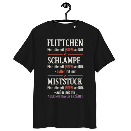 schwarzes T-Shirt mit Text flittchen schlampe miststück und ironischen Definitionen in weiß rot und violett
