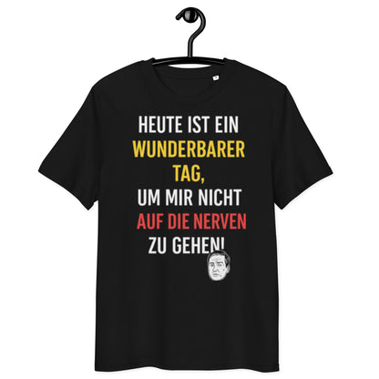 schwarzes T-Shirt mit Spruch heute ist ein wunderbarer Tag um mir nicht auf die Nerven zu gehen, Gelb-Rot-Betonung, Gesichtsgrafik unten
