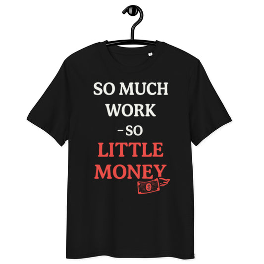 schwarzes T-Shirt mit englischem Spruch so much work so little money in weiß und rot, fliegender Geldschein als Icon
