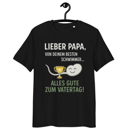 schwarzes T-Shirt mit Spruch lieber Papa von deinem besten Schwimmer, Spermium-Emoji mit Pokal, Vatertagstext in Grün, ohne QR-Code
