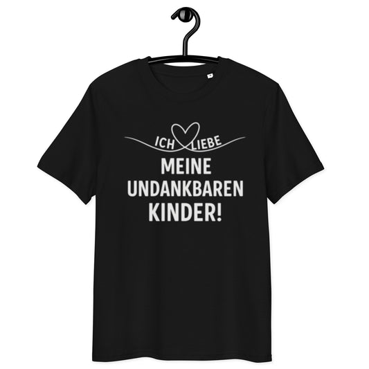 schwarzes T-Shirt mit weißem Spruch ich liebe meine undankbaren Kinder und Herzsymbol in der Mitte, ohne QR-Code
