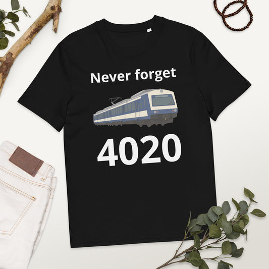 schwarzes T-Shirt mit Aufdruck never forget 4020 und Illustration eines blauen ÖBB-Triebwagens, Nostalgie-Motiv
