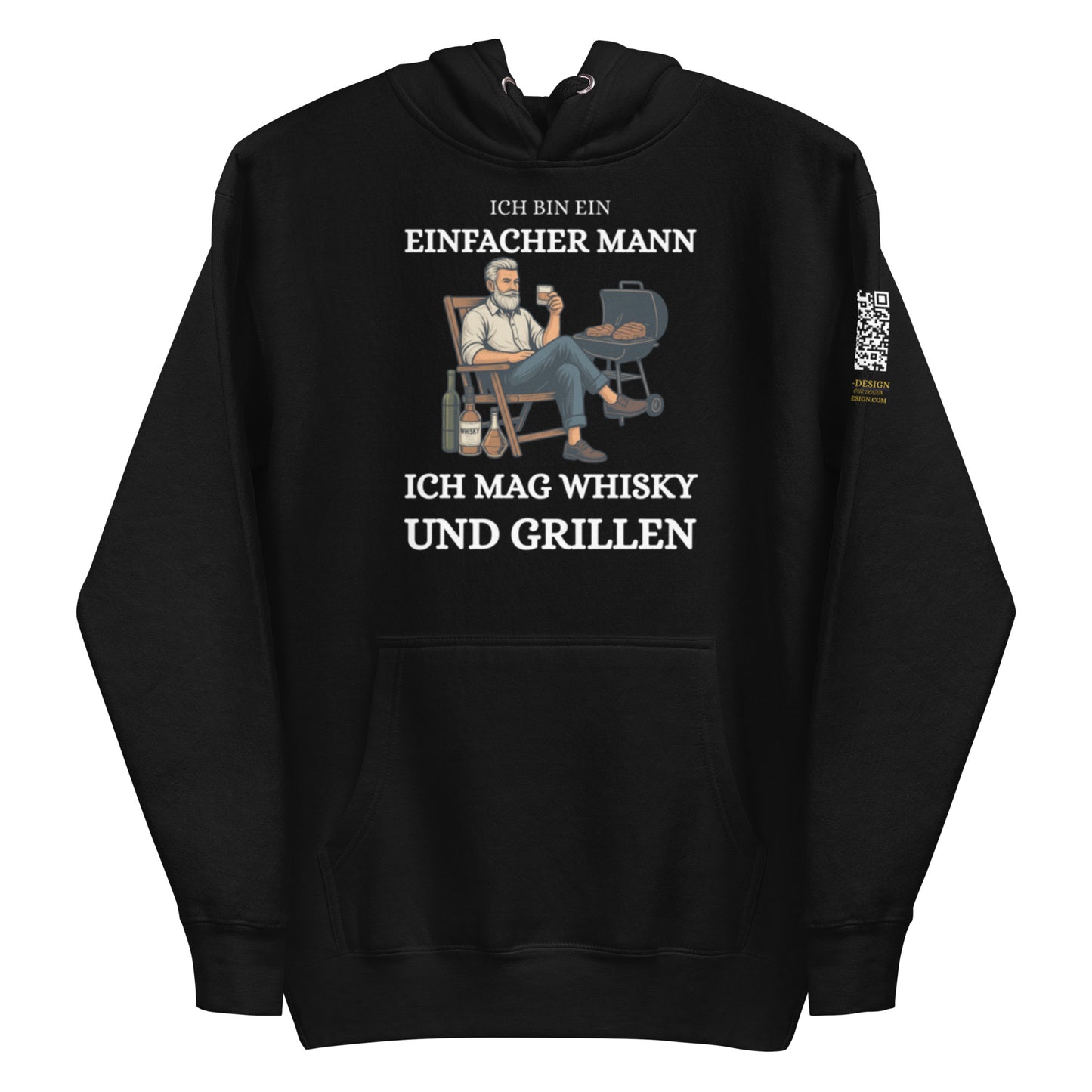 schwarzer Hoodie mit Illustration eines grillenden Mannes mit Whisky und dem Spruch ich bin ein einfacher Mann ich mag Whisky und Grillen
