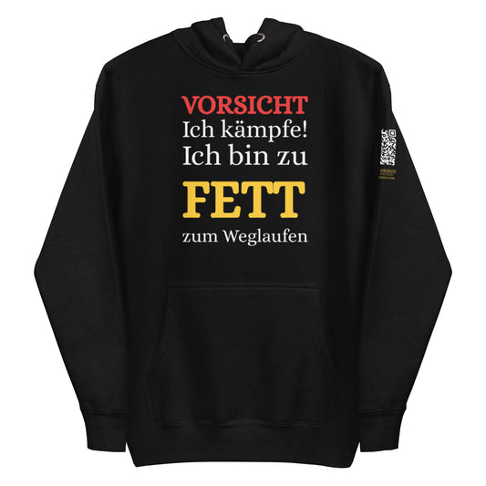 schwarzer Hoodie mit Aufdruck Vorsicht ich kämpfe ich bin zu fett zum Weglaufen in rot weiß gelb, QR-Code am Ärmel

