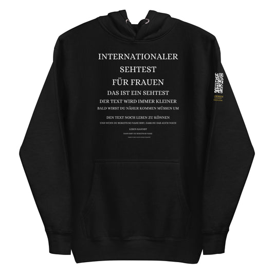 schwarzer Hoodie mit Aufdruck internationaler Sehtest für Frauen mit anzüglicher letzter Zeile, QR-Code am Ärmel
