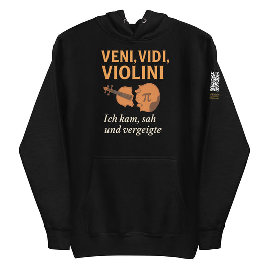 schwarzer Hoodie mit Aufdruck veni vidi violini ich kam sah und vergeigte, gebrochene Geige mit Pi-Symbol, QR-Code am Ärmel
