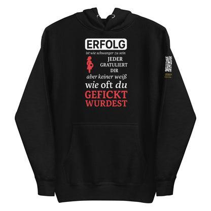 schwarzer Hoodie mit Aufdruck erfolg ist wie schwanger zu sein jeder gratuliert dir aber keiner weiß wie oft du gefickt wurdest, QR-Code am Ärmel
