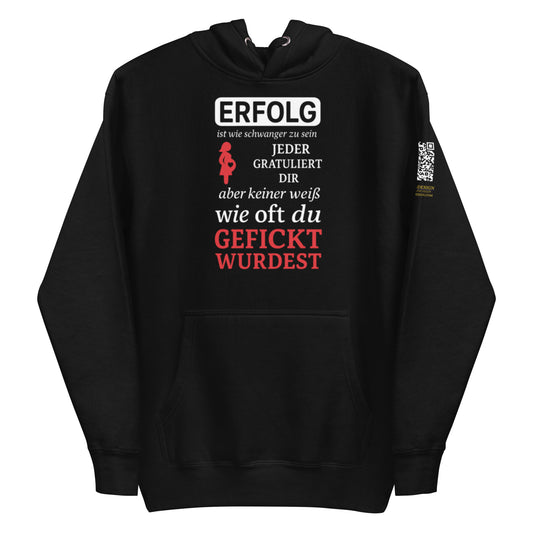 schwarzer Hoodie mit Aufdruck erfolg ist wie schwanger zu sein jeder gratuliert dir aber keiner weiß wie oft du gefickt wurdest, QR-Code am Ärmel
