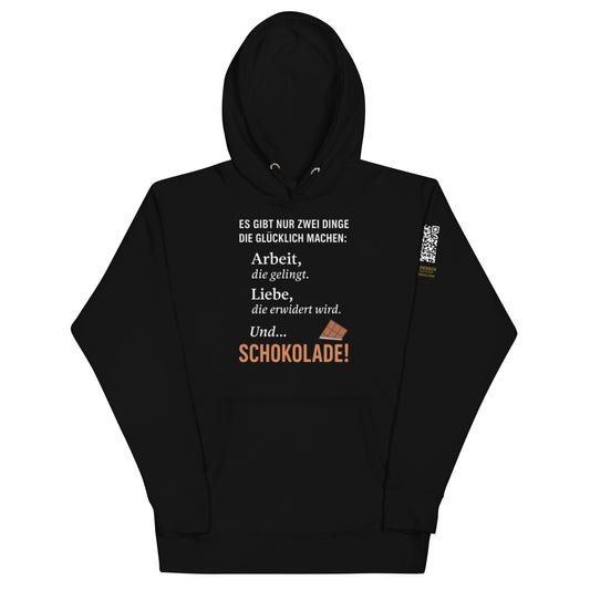 schwarzer Hoodie mit Aufdruck es gibt nur zwei Dinge die glücklich machen arbeit liebe und schokolade, Schokoladen-Symbol, QR-Code am Ärmel
