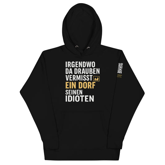 schwarzer Hoodie mit Aufdruck irgendwo da draußen vermisst ein dorf seinen idioten, Dorfsymbol, QR-Code am Ärmel
