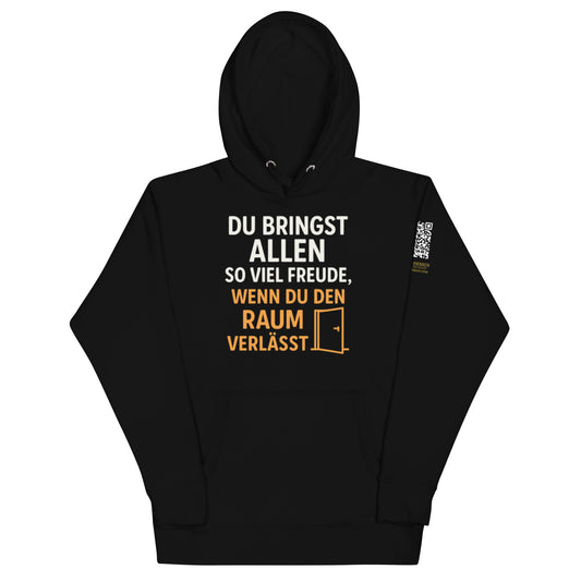 schwarzer Hoodie mit Aufdruck du bringst allen so viel freude wenn du den raum verlässt, Tür-Symbol, QR-Code am Ärmel

