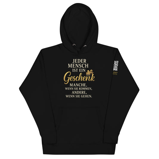 schwarzer Hoodie mit Aufdruck jeder mensch ist ein geschenk manche wenn sie kommen andere wenn sie gehen, Geschenk-Symbol, QR-Code am Ärmel

