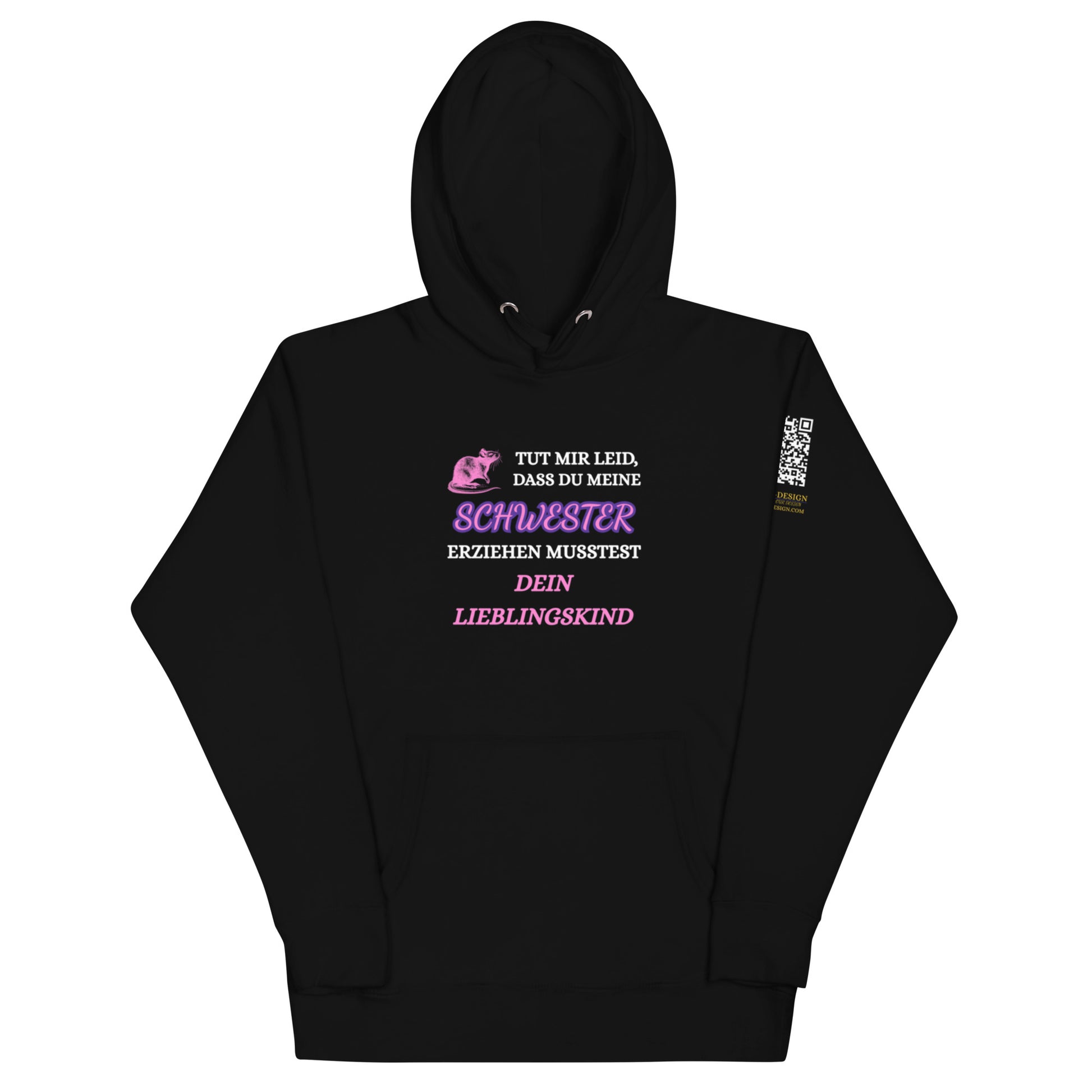 schwarzer Hoodie mit Spruch tut mir leid dass du meine Schwester erziehen musstest, pinke Schrift, Bärchenmotiv, QR-Code am Ärmel
