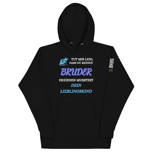 schwarzer Hoodie mit Spruch tut mir leid dass du meinen Bruder erziehen musstest, bunte Schrift, Bärchenmotiv, QR-Code am Ärmel
