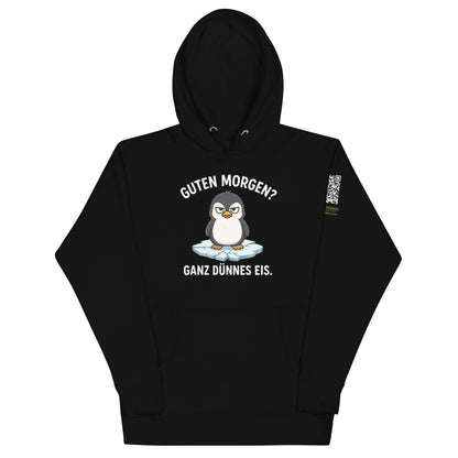 schwarzer Hoodie mit Aufdruck guten Morgen ganz dünnes Eis, genervter Pinguin auf Eisscholle, QR-Code am Ärmel
