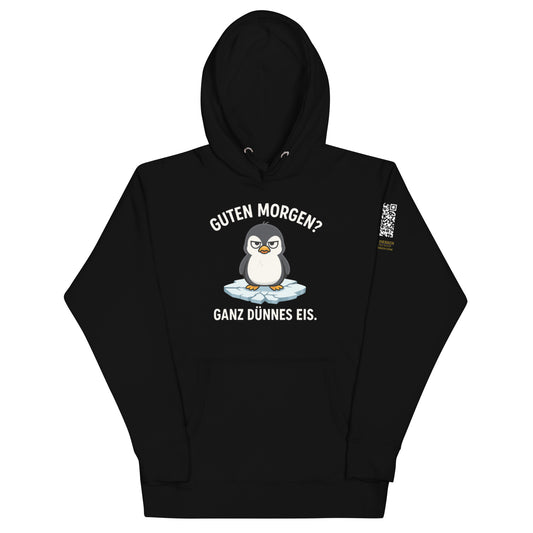 schwarzer Hoodie mit Aufdruck guten Morgen ganz dünnes Eis, genervter Pinguin auf Eisscholle, QR-Code am Ärmel
