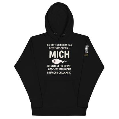 schwarzer Hoodie mit Aufdruck du hattest bereits das beste Geschenk mich, Spermiengrafik, QR-Code am Ärmel
