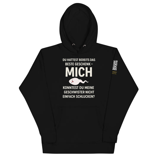 schwarzer Hoodie mit Aufdruck du hattest bereits das beste Geschenk mich, Spermiengrafik, QR-Code am Ärmel
