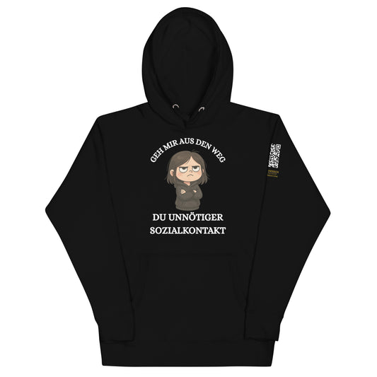 Schwarzer Hoodie mit weißem Spruch „Geh mir aus dem Weg du unnötiger Sozialkontakt“ und grimmiger Comicfigur
