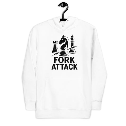weißer Hoodie mit schwarzer Grafik springer gabelt könig und turm, Aufdruck fork attack, Schachmotiv
