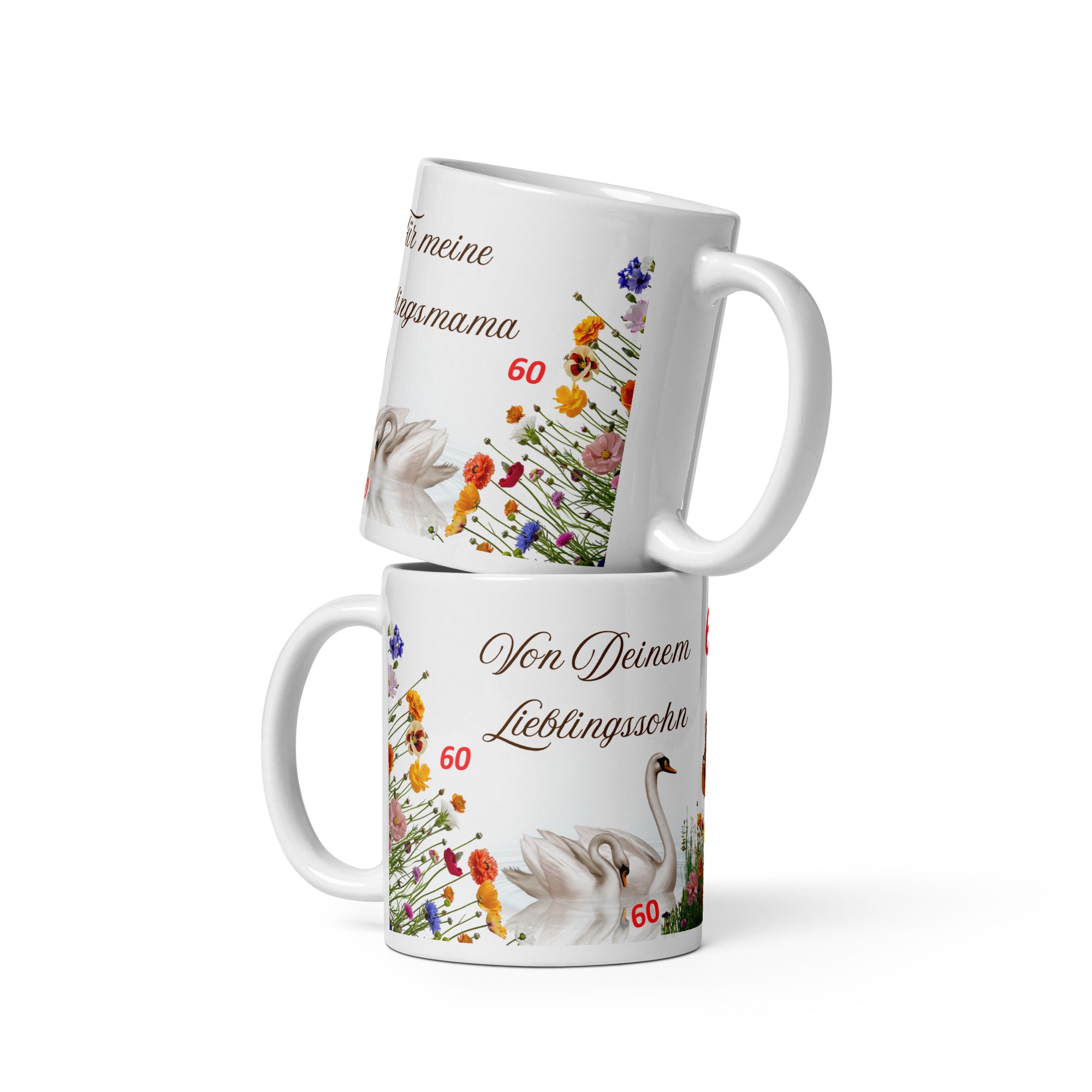 Weiße Geschenktasse zum 60. Geburtstag mit Blumen und Schwanenmotiv – Für Lieblingsmama von ihrem Sohn