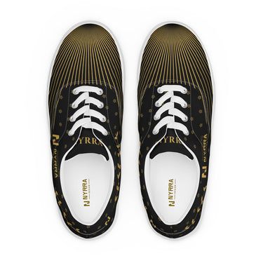 Damen Lace-Up Sneaker Goldranke von vorne, Gold-Strahlen laufen von der Spitze zur Schnürung, NYRRA auf der Zunge