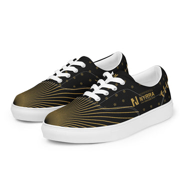 Damen Lace-Up Sneaker Goldranke von links vorne, Plakette powered by Nyrra-Design und Goldranke an der Seite