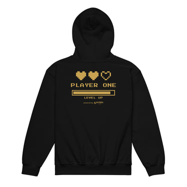 Kinder-Hoodie PLAYER ONE Rückseite: drei goldene Pixelherzen, Schriftzug PLAYER ONE, XP-Balken, LEVEL UP und powered by Nyrra-Design