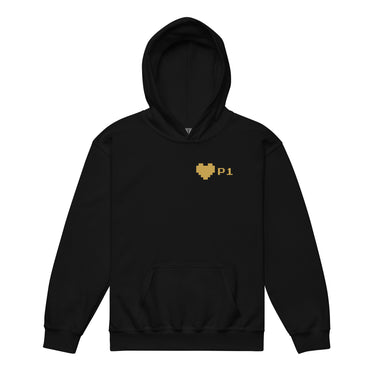 Kinder-Hoodie PLAYER ONE schwarz von vorne, kleines goldenes 8-Bit-Herz links auf der Brust